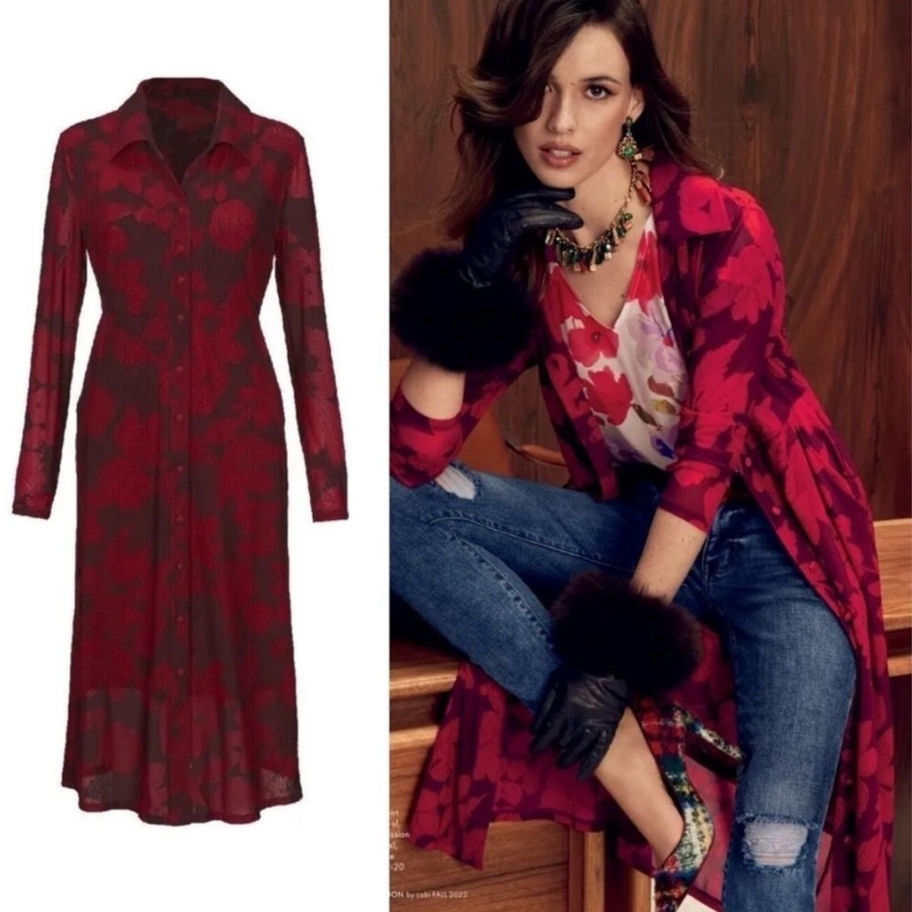 Cabi Red Floral Shirt Dress or Long Cardigan Small - Picture 3 of 4